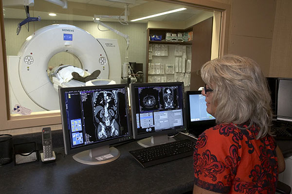 Radiologist reviewing CT scans